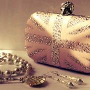 Nude leather pink skull clutch handmade with crystal like sparkles in Union Jack box clutch 