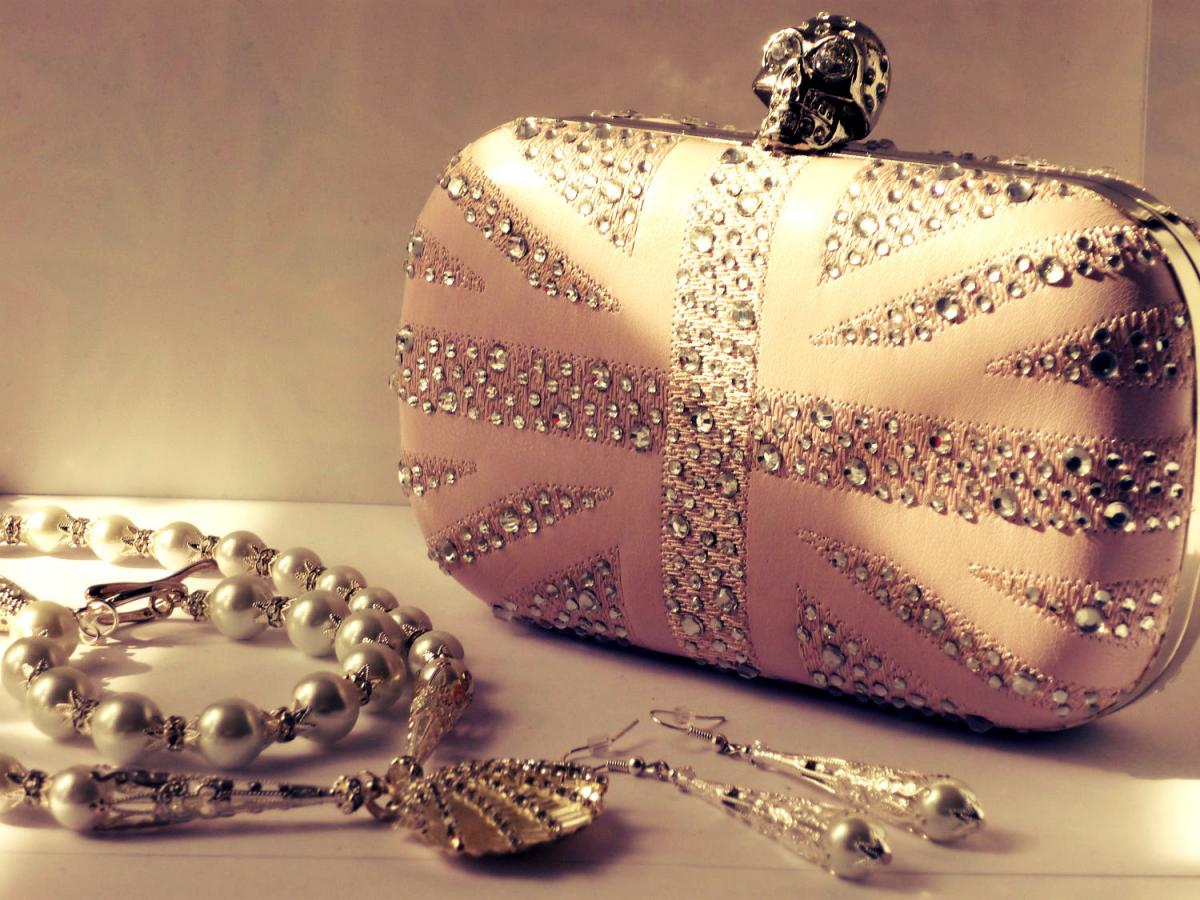 Nude Leather Pink Skull Clutch Handmade With Crystal Like Sparkles In Union Jack Box Clutch